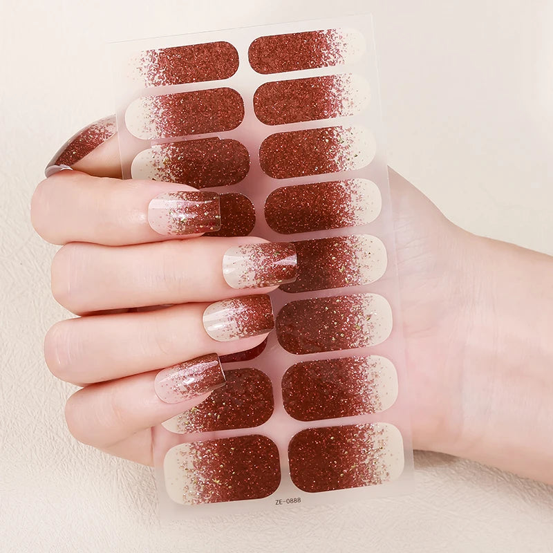 16Tips Sparkling DIY Baking-Free Nail Stickers French Nail Patch Full Cover Adhesive Nail Wraps Manicures Decoration Decal