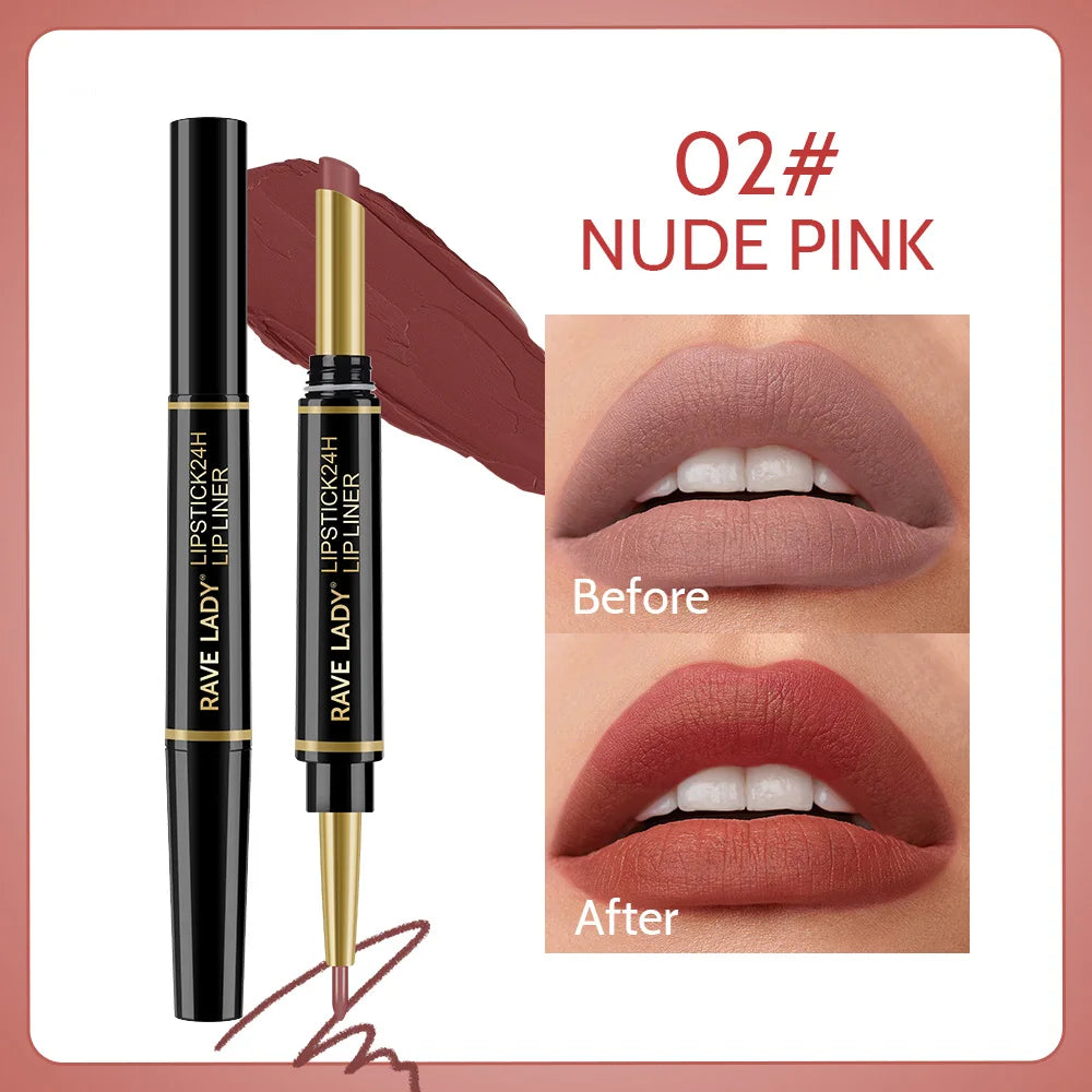 Rave Lady 2 IN 1 Matte Lipstick Lipliner Pencil 6 Color Christmas Gift Waterproof Lipstick Sexy Red Long Lasting Lipliner Makeup