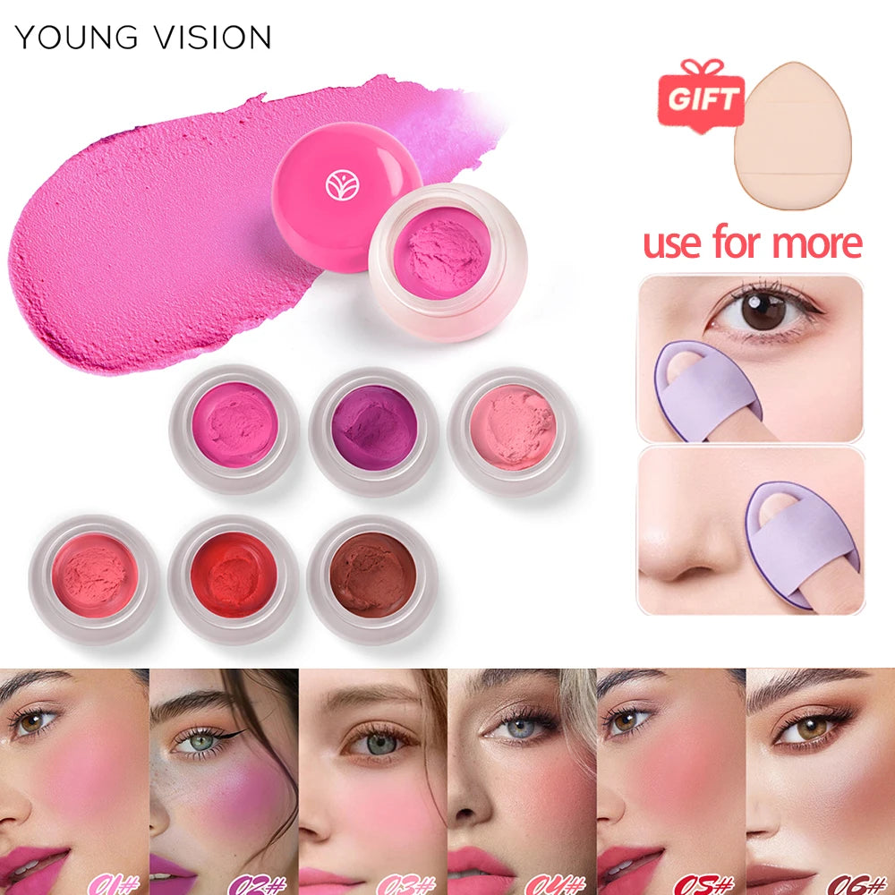6 color optional Mousse texture powder blusher cream delicate, and has a lasting matte velvet rouge. gift A finger powder puff