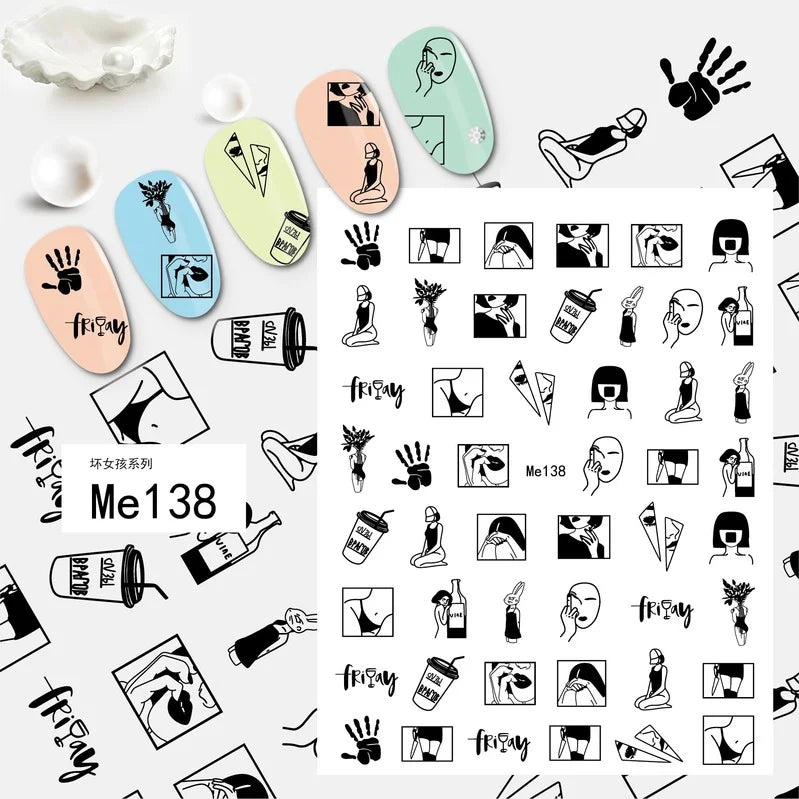 Nail Art Stickers Woman Girl Sexy Sticker Body Press on Nail Slider Black White Decal Decoration Nail Design Accessories Wraps