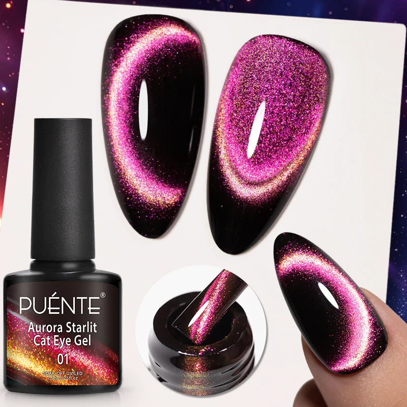 7.5ML Sparkling Rainbow Cat Magnetic Gel Nail Polish Pinkish Purple Laser Cat Eye Gel Soak Off UV Nail Art Varnish For Manicure