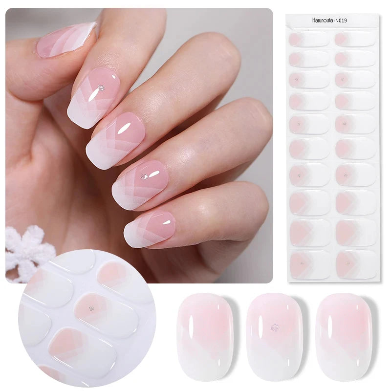 20Tips Gradient French Semi-cured Gel Nail Sticker UV Lamp Needed Full Cover Nail Gel Polish Wraps Manicure Press on Nails Decal
