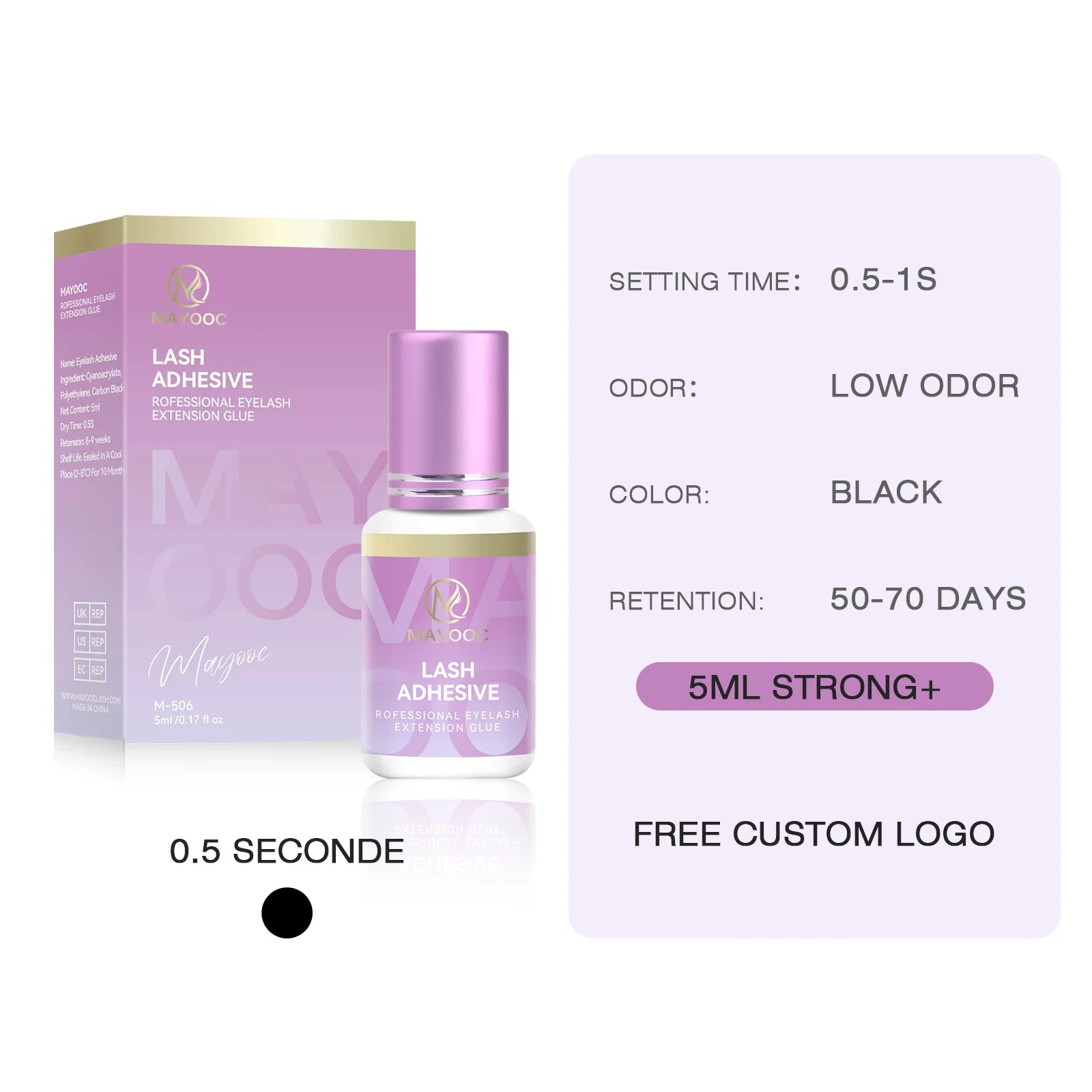 MAYOOC 0.3 Sec Eyelash Extension Glue Fast Dry Individual Lashes Glue Sensitive Eye Black Eyelash Glue Lash Free Custom Logo