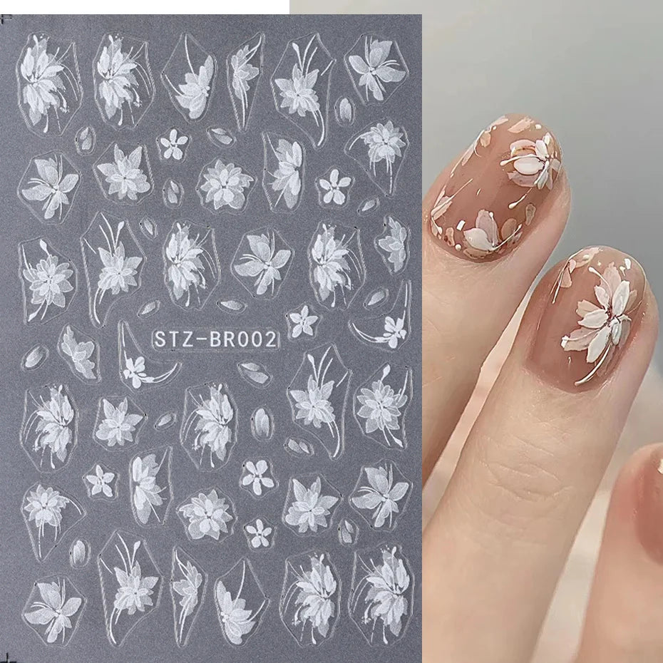 3D White Flower Nail Art Stickers Cute Floral Adhesive Sliders Acrylic Decoration Decals DIY Nail Charms Adhesive Accessories