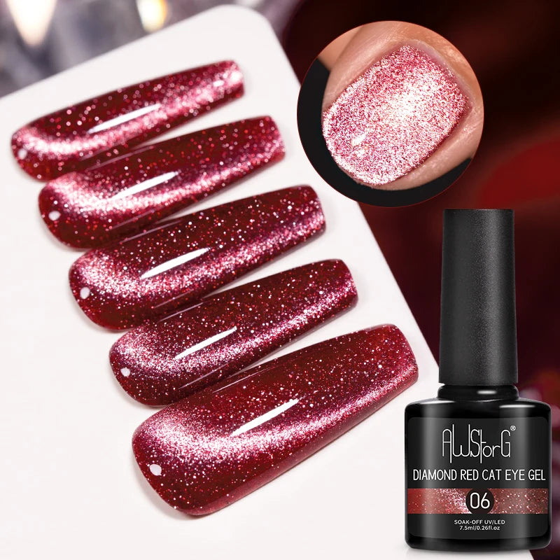 AWStorG 7.5ml Crimson Velvet Cat Eye Magnetic Gel Nail Polish Shiny Ruby Red Cat Eye Gel Soak Off UV Semi-Permanent Nail Art