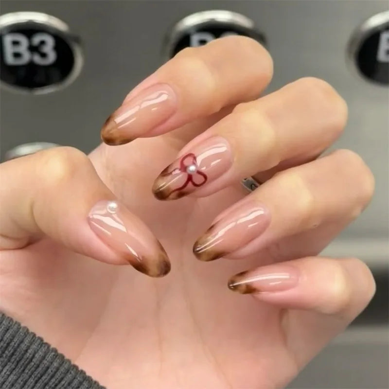 3D Bowknot Pearl Wearable Nail Art Fashion Leopard French Nude Almond Fake Nails Detachable Finished False Nails Press on Nails