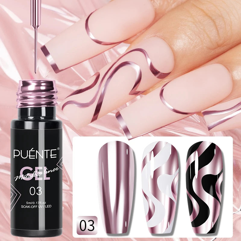 PUENTE 5ml Metallic Painting Liner Gel Polish Bright Mirror Effect Semi-Permanent UV Nail Varnish For Stunning French Nail Art