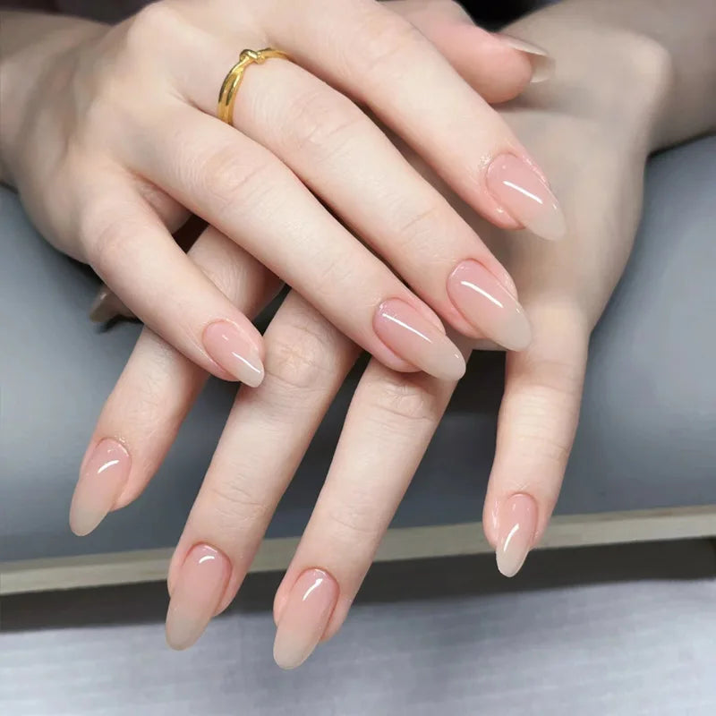 24Pcs Short Oval Head Blush Pink Press on Nails with Simple Designs Almond Nails Wearable Acrylic Full Cover Nail Tips with Glue
