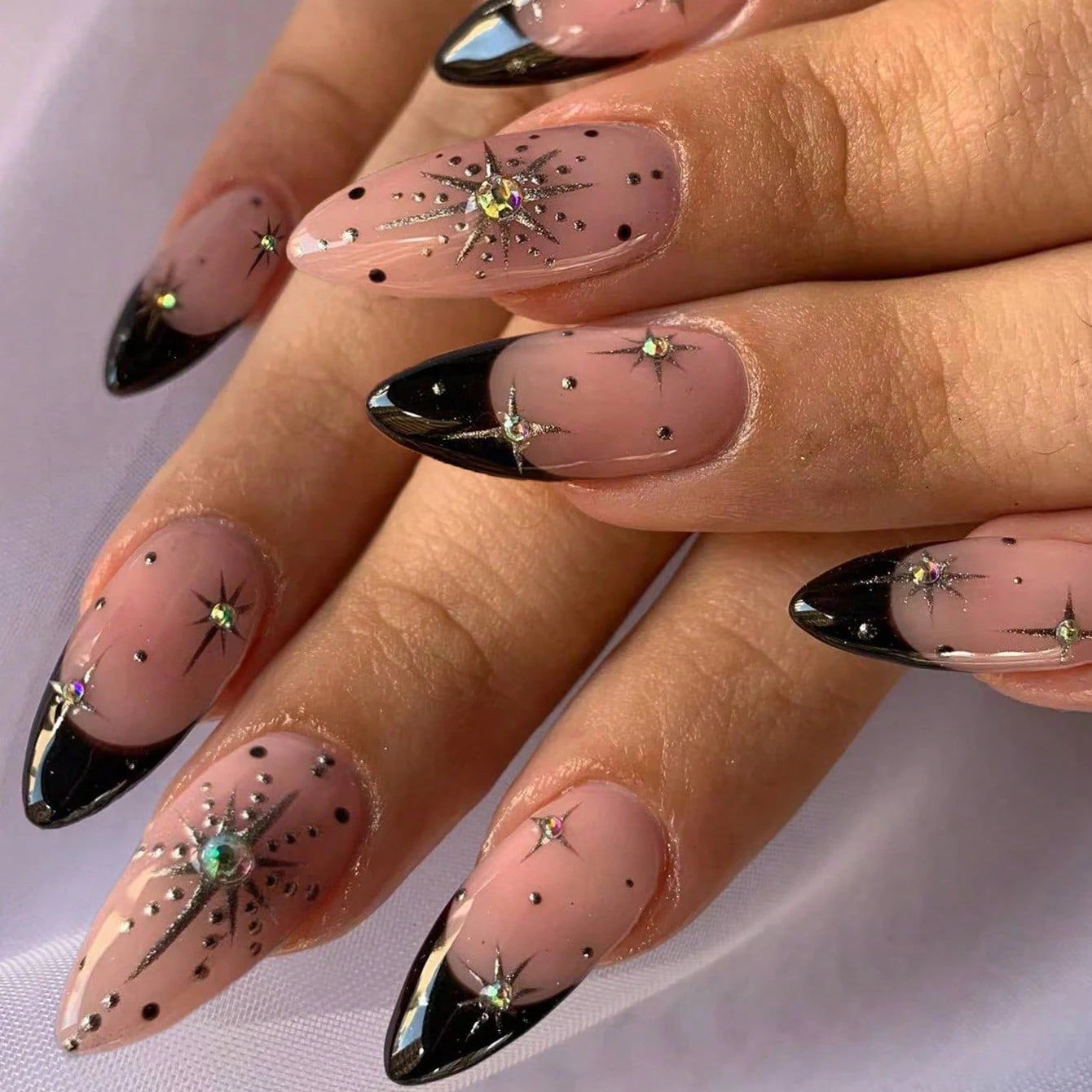 ARTAUG 24PCS Medium Stiletto Pink Black French Tip Press On Nails Star Pattern Glitter Press On Nails