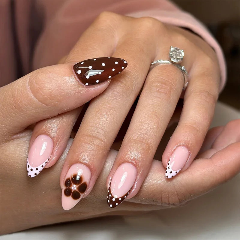 24PCS Wine Red Almond Press on Nails Cartoon Rabbit Bowknot with Plaid Pearl Designs French Fake Nails for Girls Detachable Nail