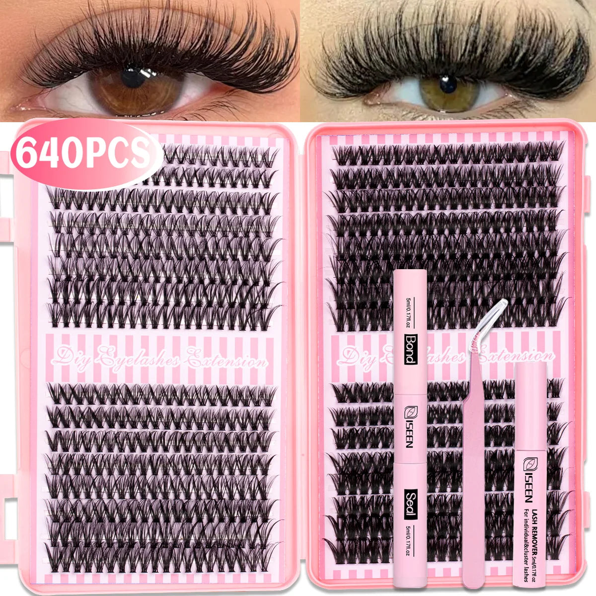 Eyelash Cluster DIY Eyelash Extension Kit with Tweezers Bond and Seal Reusable Single Eyelashes Festival Gift Eye Makeup