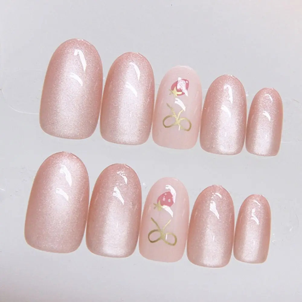24pcs Oval False Nails French Strawberry Butterfly Cat Eye Press on Nails Fake Nails DIY Manicure Detachable Nail Tips
