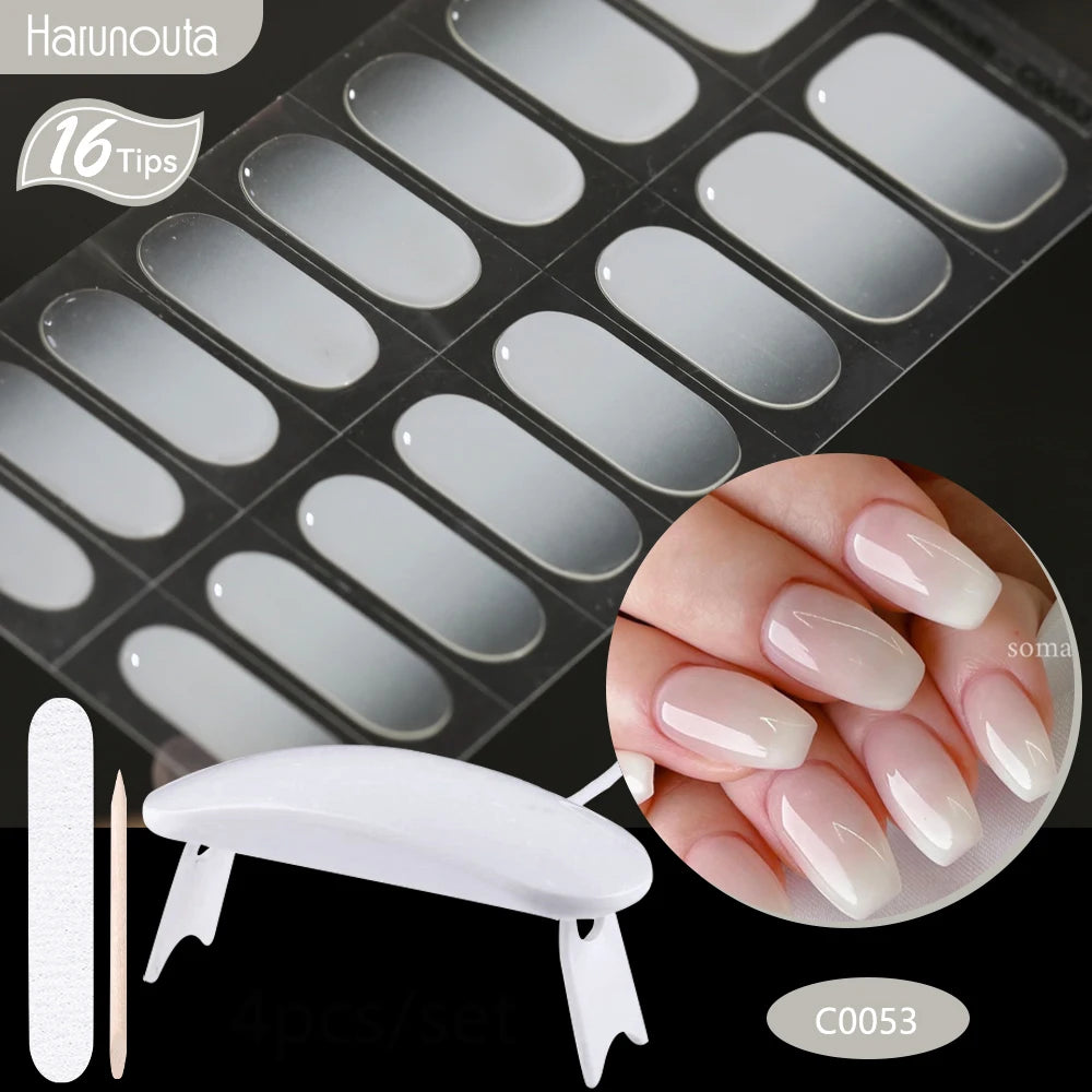 Harunouta 4pcs/set Gradient Jelly Semi Cured Gel Nail Strips with Nail Lamp Nude Pink Waterproof Nail Stickers Long Lasting Wrap