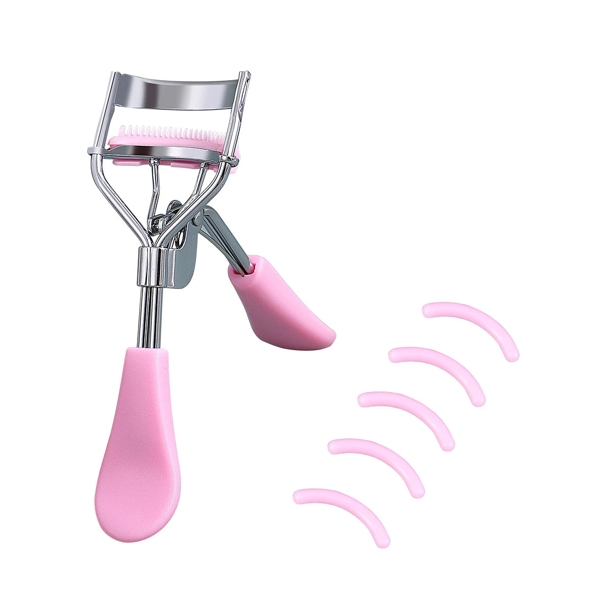 Portable eyelash curler with 5 silicone pads, pink stainless steel with comb curling tool for eyelash extension, eyelash curler