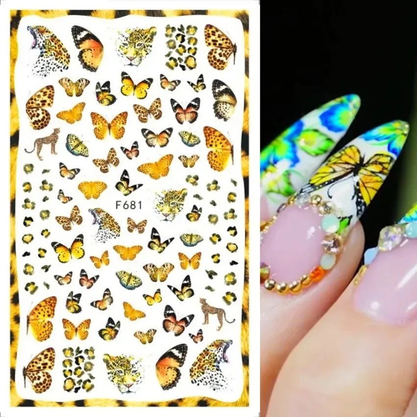 Elegant Butterfly Nail Manicure Stickers Blue Butterflies Leopard Retro Flowers Adhesive Decal Wedding Charm Manicure Tips