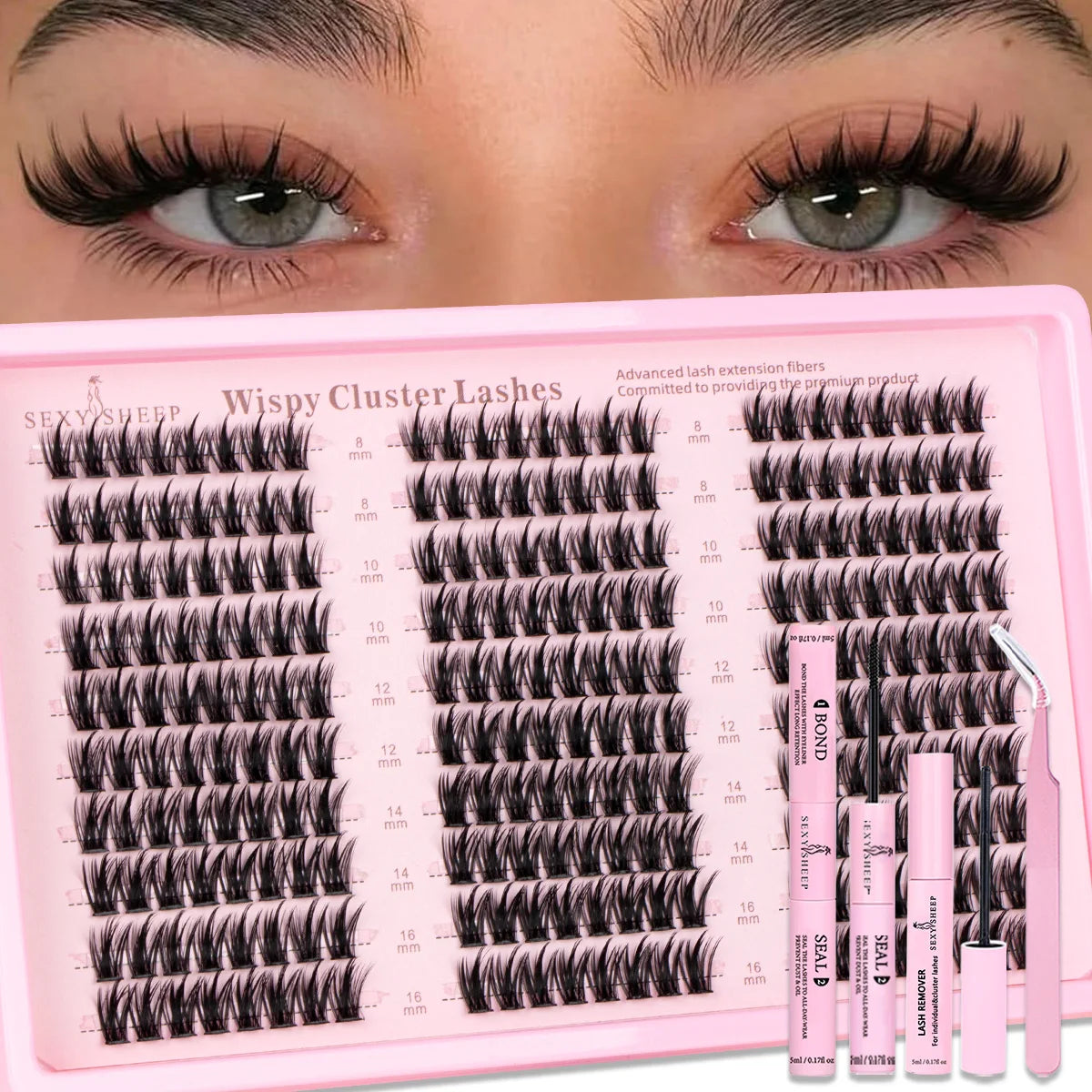 DIY Lash Clusters Kit Mixed Styles Eyelash Extension Full Set Individual Lashes with Lash Bond&Seal and Tweezers Makeup Tool