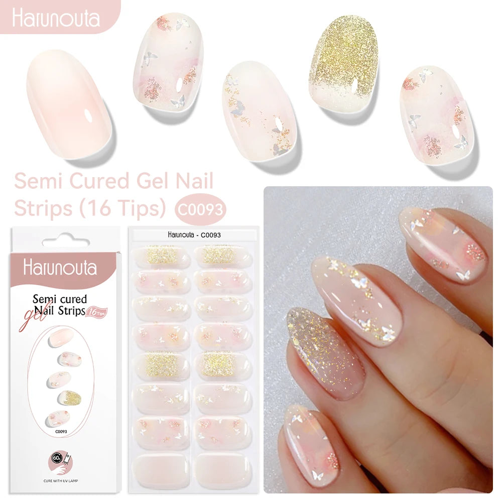 Harunouta 16strips Gradient Red Marble Gold Line Semi Cured Gel Nail Strips DIY Gel Polish Stickers for Nails Work with UV/LED