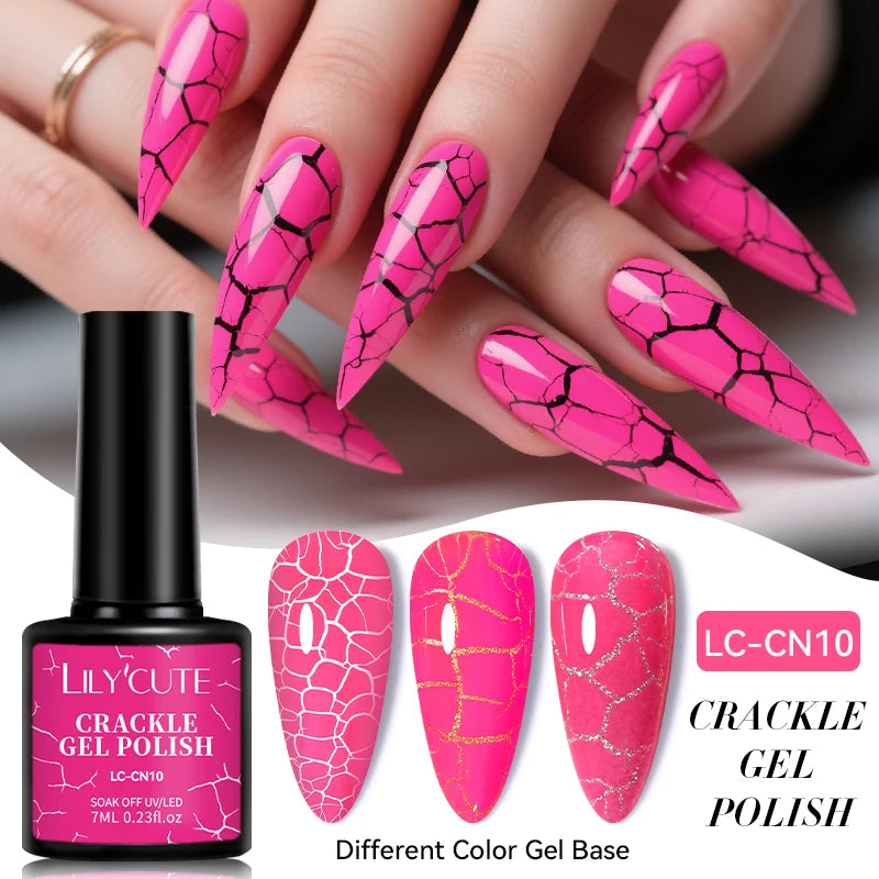 LILYCUTE 7ml Neon Crackle Gel Nail Polish Summer Fluorescent Quick Drying Semi Permanent UV Gel Nail Art Varnish DIY Manicure