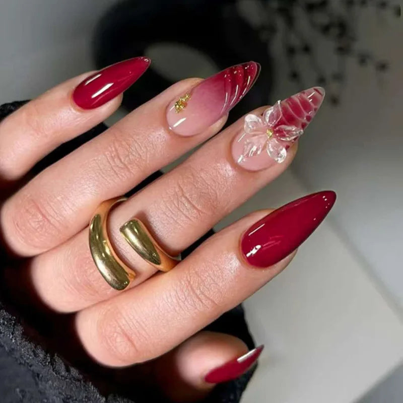 24Pcs 3D Strawberry Rabbit Flower Fake Nails Press on Mid-length Almond Wearable False Nails Green Gradient Pearl Manicure Tips
