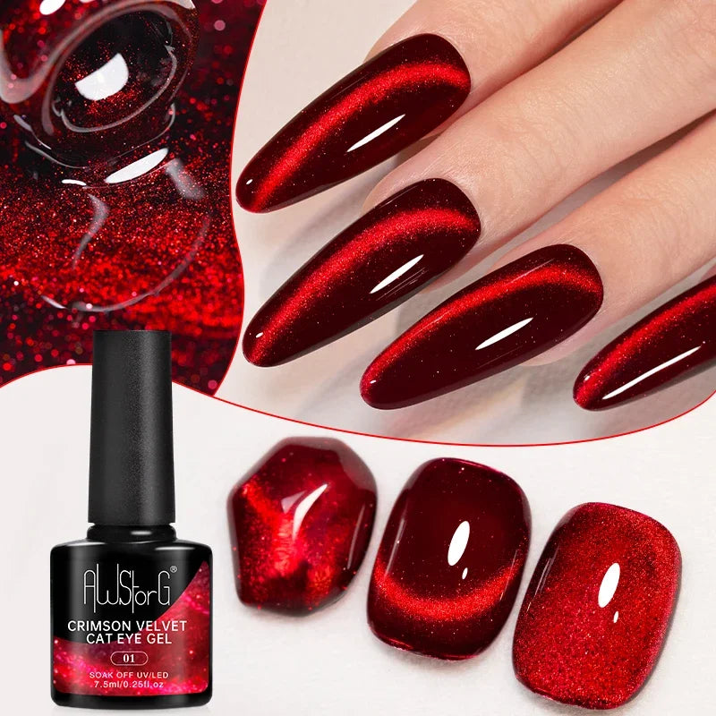 AWStorG 7.5ml Crimson Velvet Cat Eye Magnetic Gel Nail Polish Shiny Ruby Red Cat Eye Gel Soak Off UV Semi-Permanent Nail Art