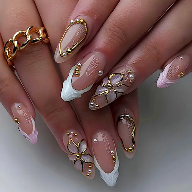 24Pcs 3D Strawberry Rabbit Flower Fake Nails Press on Mid-length Almond Wearable False Nails Green Gradient Pearl Manicure Tips