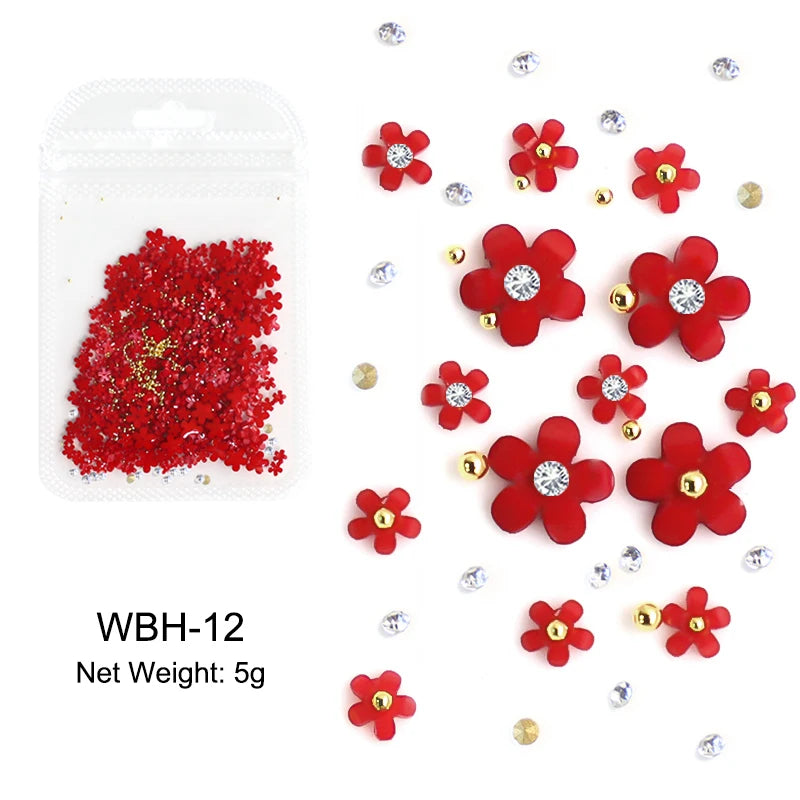 White Acrylic Flower Nail Art Decorations Mixed Size Rhinestones Red Blue Gem Manicure Tools Accessories DIY Nails Design 5g