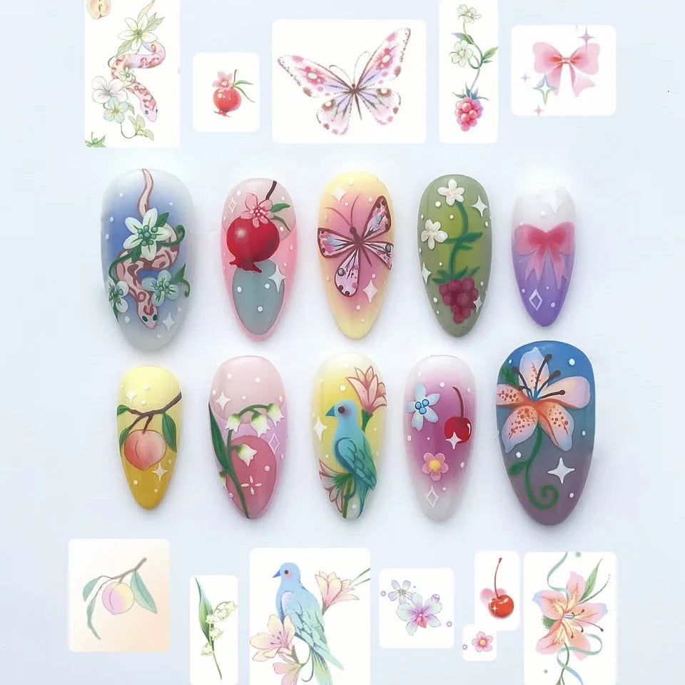 24pcs Flower Print Press on Nails Wine Red Blush Almond False Nail Tips Wearable Reusable Summer Spicy Girl Fake Nails