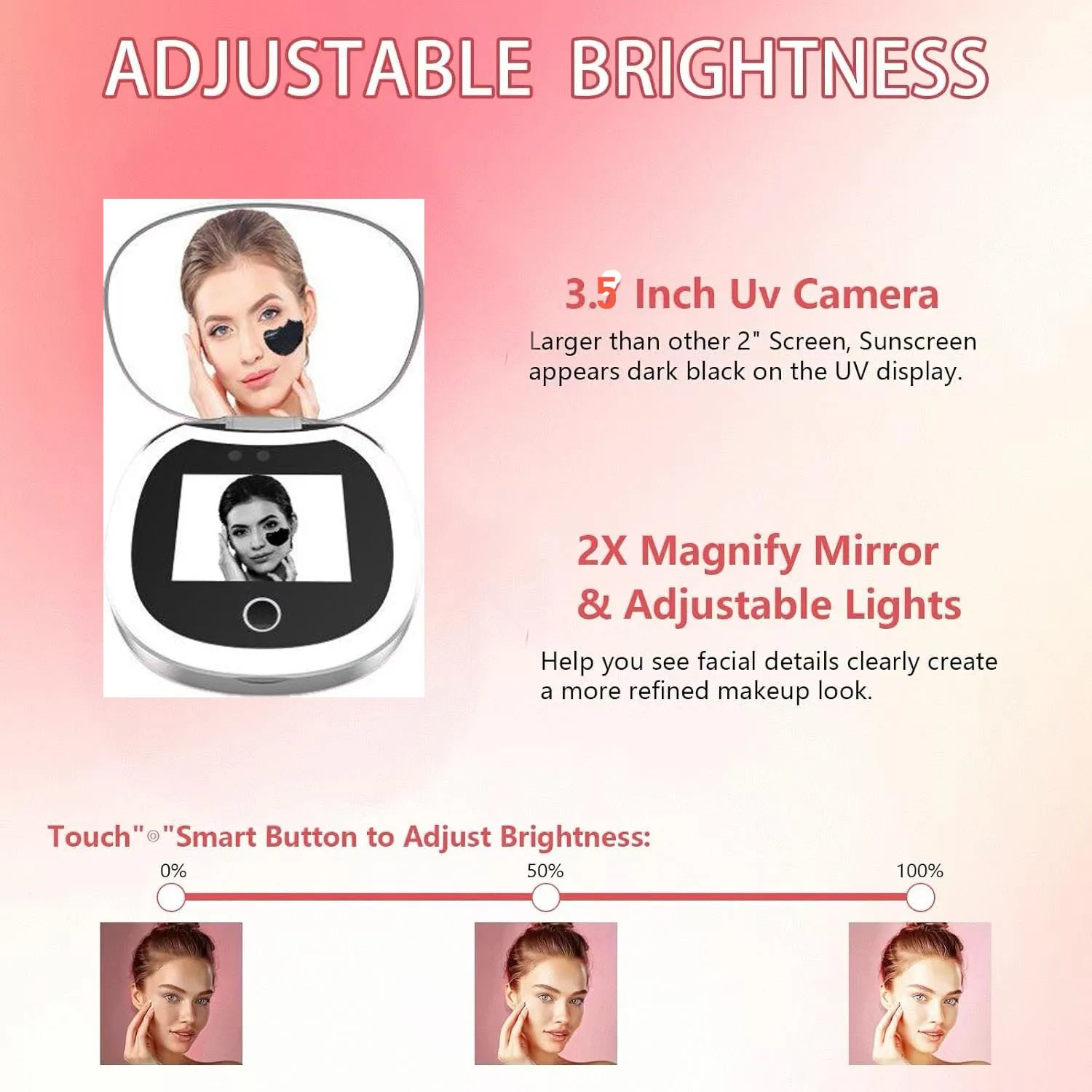 UV Mirror Sunscreen Testing Camera with Light 2X Magnification Travel Makeup 3.5in Pocket Size L Pocket Mirror Sunscreen Mirror