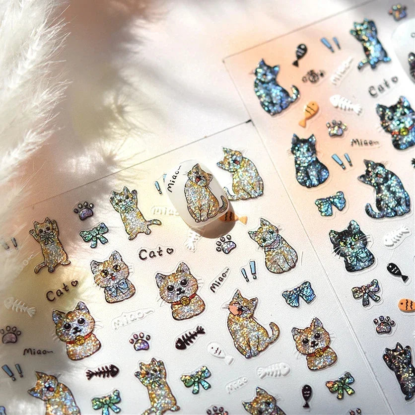 Cute Cat Eye Fishbone Animals Leopard Cat Ginger Cat Kitten Exclamation Point Paw Self Adhesive Nail Art Sticker Manicure Decals