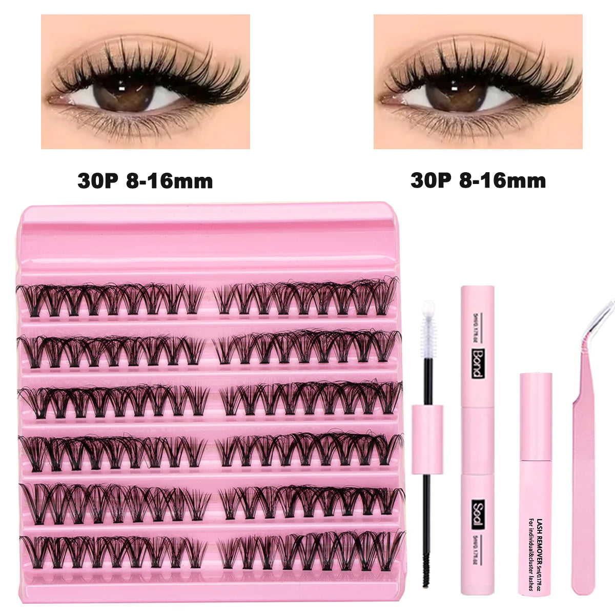 DIY Lash Clusters Kit Mixed Styles Eyelash Extension Full Set Individual Lashes with Lash Bond&Seal and Tweezers Makeup Tool