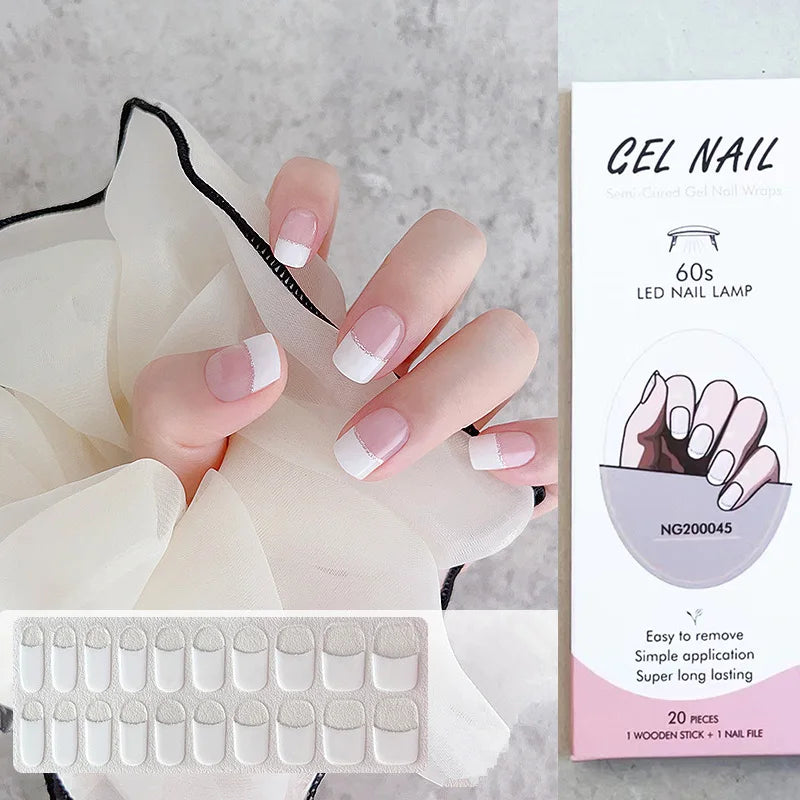 16/20Tips Semi-Cured Nail Wraps Simple Color Adhesive Full Cover Stickers for Nails UV Lamp Need Press On Nails DIY Manicure