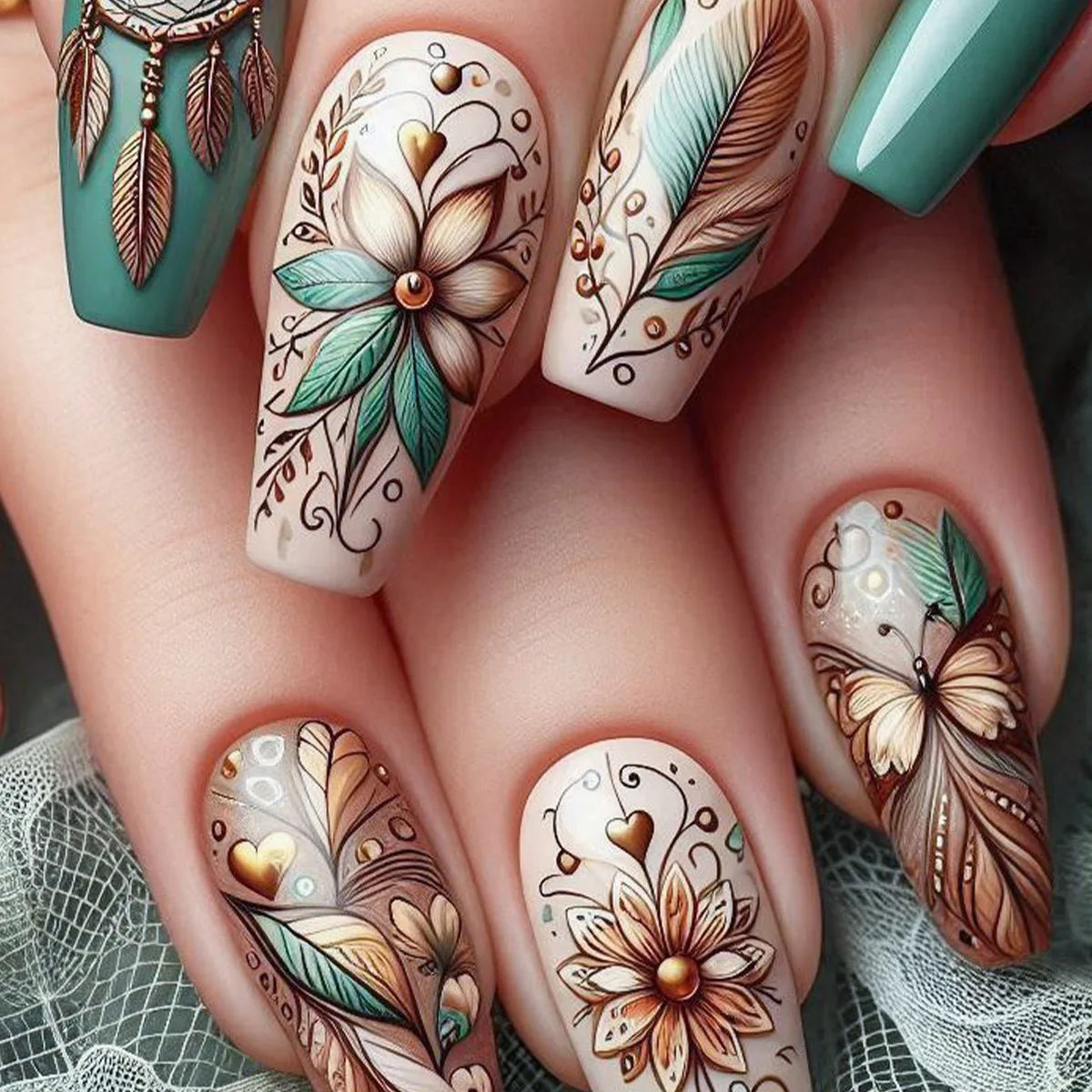 24pcs/set Medium long fake nails for women Spring summer flowers butterfly bee design faux ongles tips press on false nail art