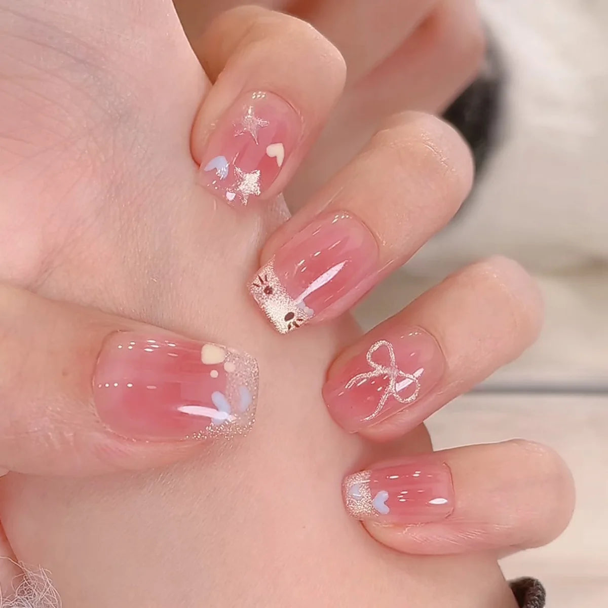24Pcs Pink Cat Blue Love Cute Short Ballet Press on False Nails Sweet French Cat Eye Bow Star Designs Style Detachable Nails Set
