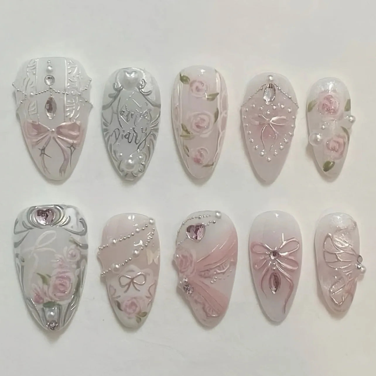 24pcs Sweet False Nail Patches Detachable Fake Nail Tips With Bowknots Love Heart Pearl Design Pink Almond Korean Press On Nail