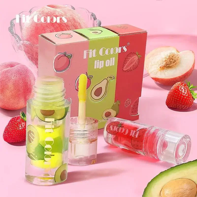 Hydrating Transparent Lip Gloss 3 Piece Set Fruit Scented Lip Oil with Avocado Strawberry and Peach for Soft Smooth Lips