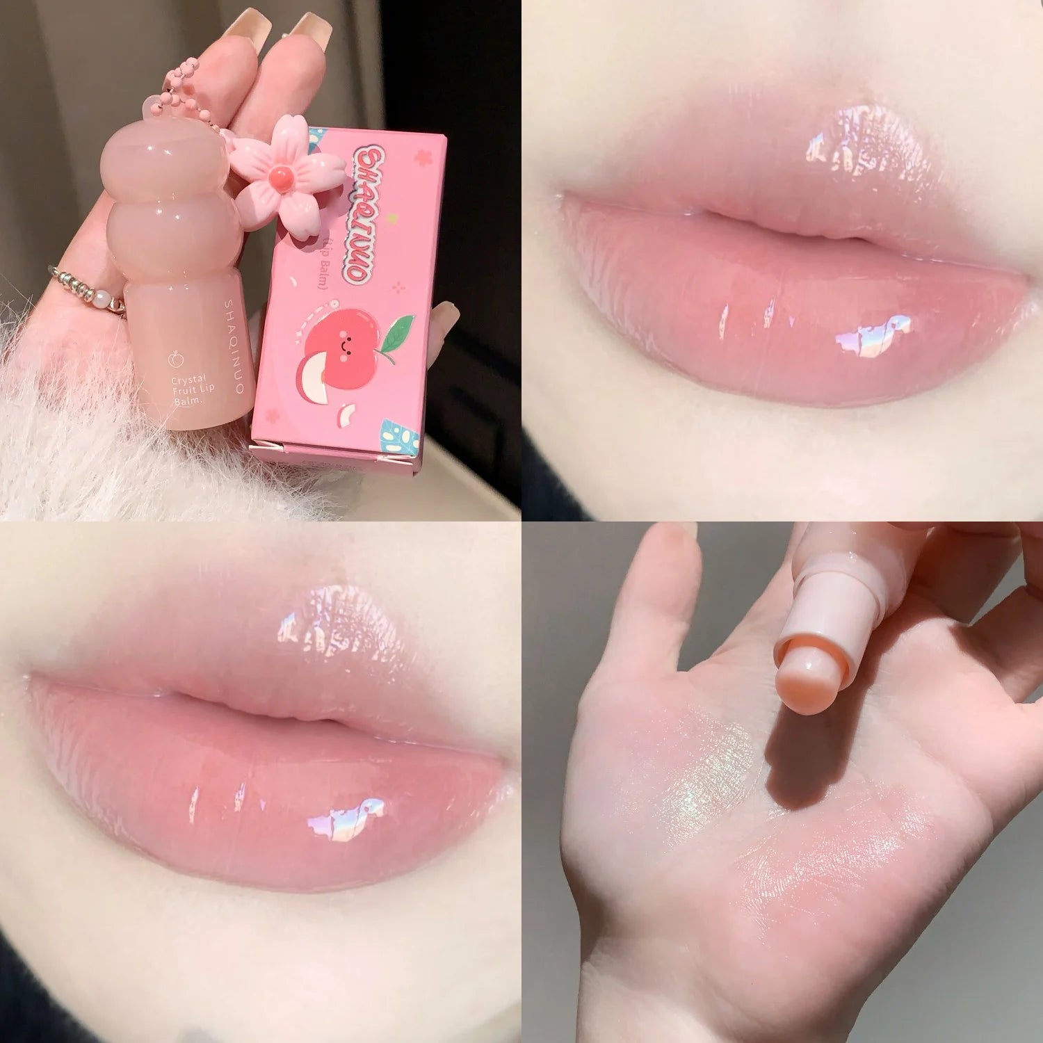 Crystal Strawberry Lip Balm Moisturizing Hydrating Lips Mask Stick Reduce Lip Lines Key Chain for Lip Care Change Color Lipstick