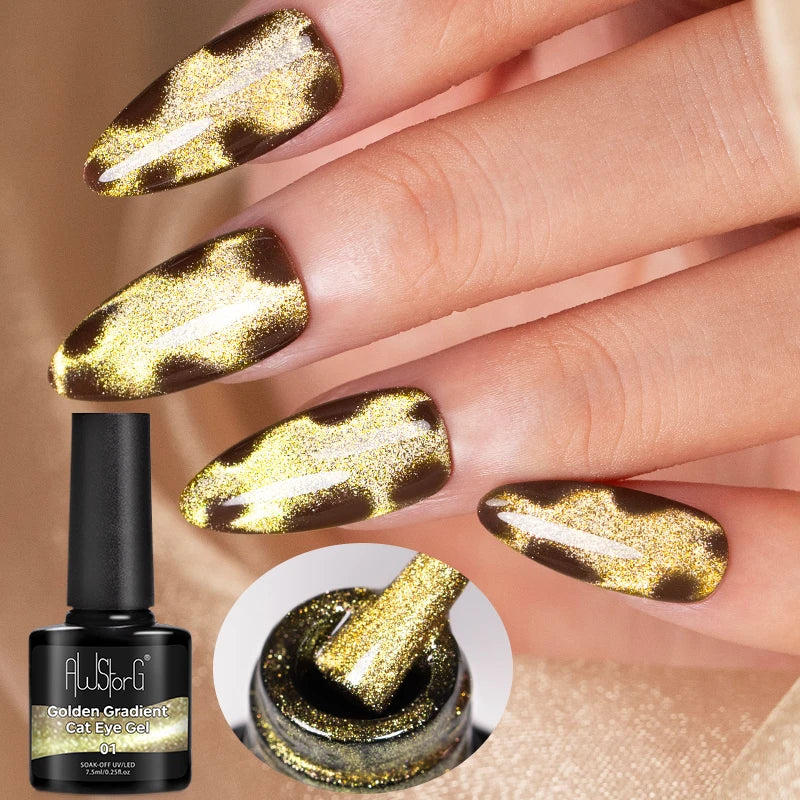 AWStorG 7.5ml Golden Gradient Cat Eye Nail Polish Gel Phototherapeutic Gel Soak Off Nail Magnetic Gel Polish Nail Art DlY