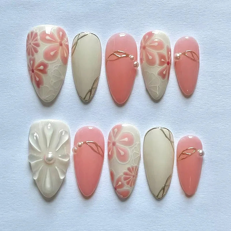 24PCS Wine Red Almond Press on Nails Cartoon Rabbit Bowknot with Plaid Pearl Designs French Fake Nails for Girls Detachable Nail