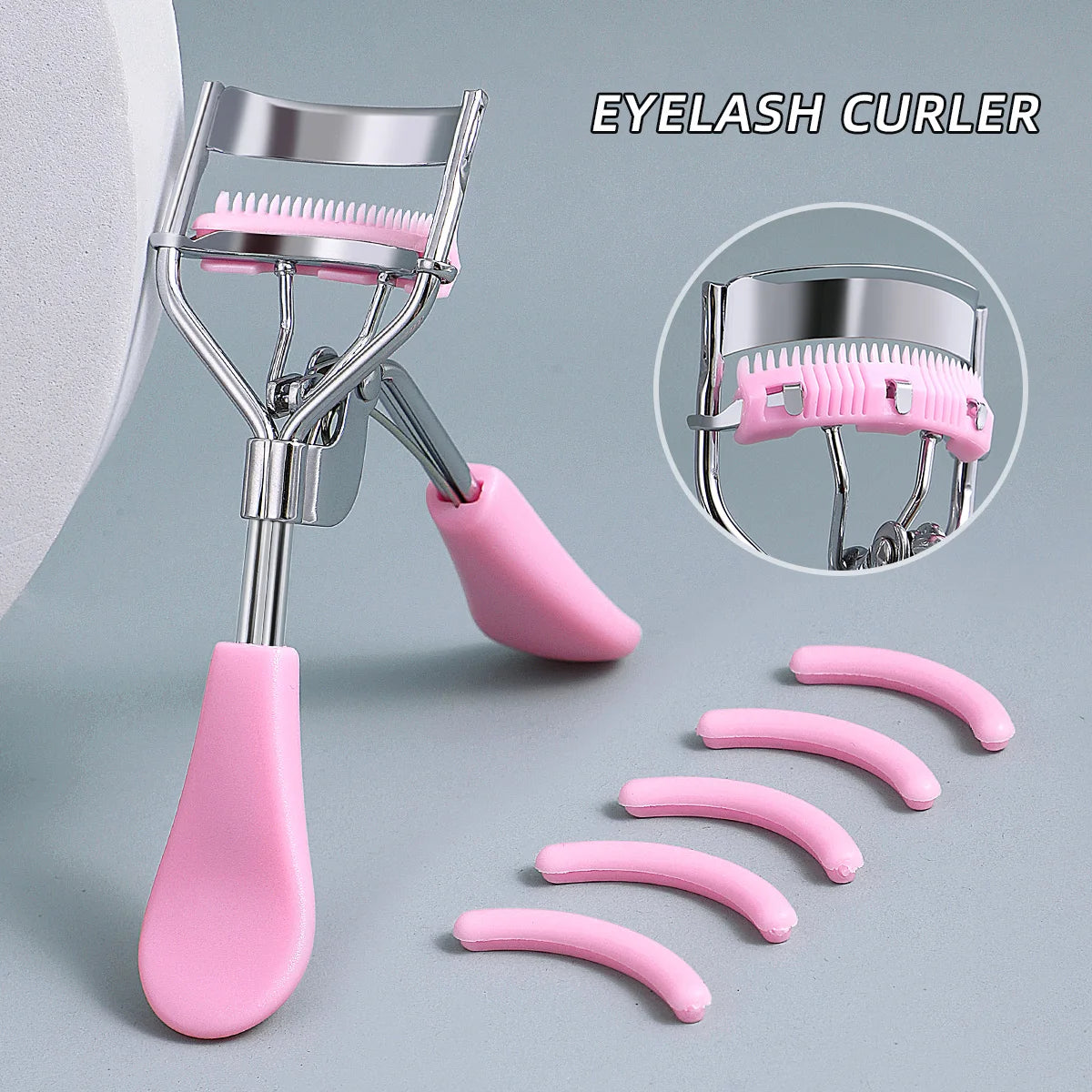Portable eyelash curler with 5 silicone pads, pink stainless steel with comb curling tool for eyelash extension, eyelash curler