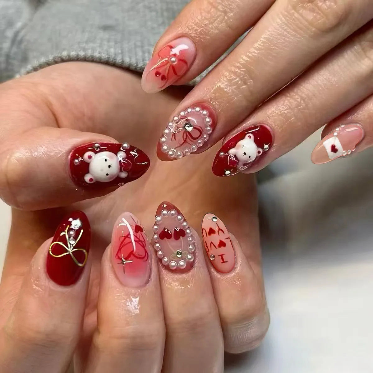 24PCS Wine Red Almond Press on Nails Cartoon Rabbit Bowknot with Plaid Pearl Designs French Fake Nails for Girls Detachable Nail