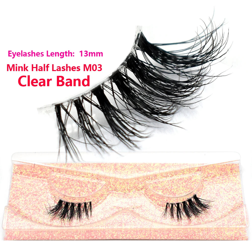 3D Mink Fluffy Half False Eyelashes Natural Soft Lightweight Clear Band Half Eye Strip Lashes Reusable Short Eyelashes Extension