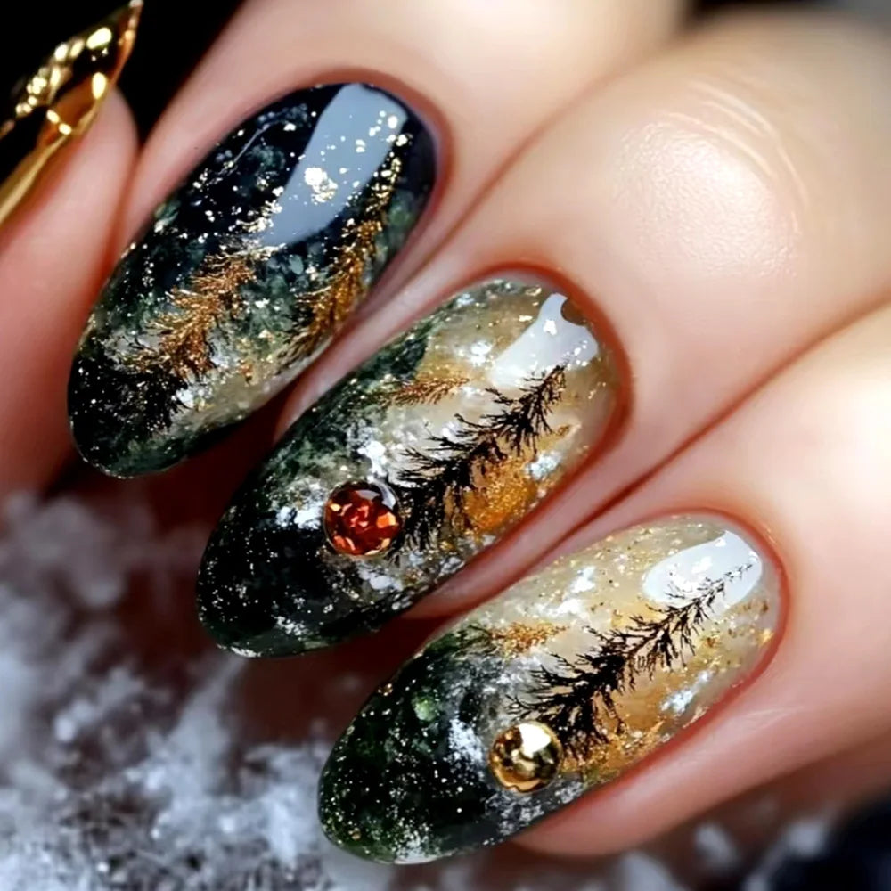 24pcs Glossy Almond False Nails Dark Green Forest Mushroom Pattern Press On Nails Gold Sequins French Style Wearable Fake Nail