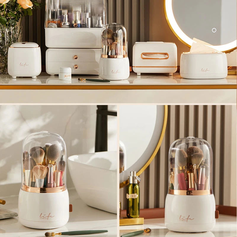 Luxury Light Makeup Brush Holder Dustproof Rotating Cup Organizer for Lipstick Eyebrow Pencil - Elegant Storage Solution