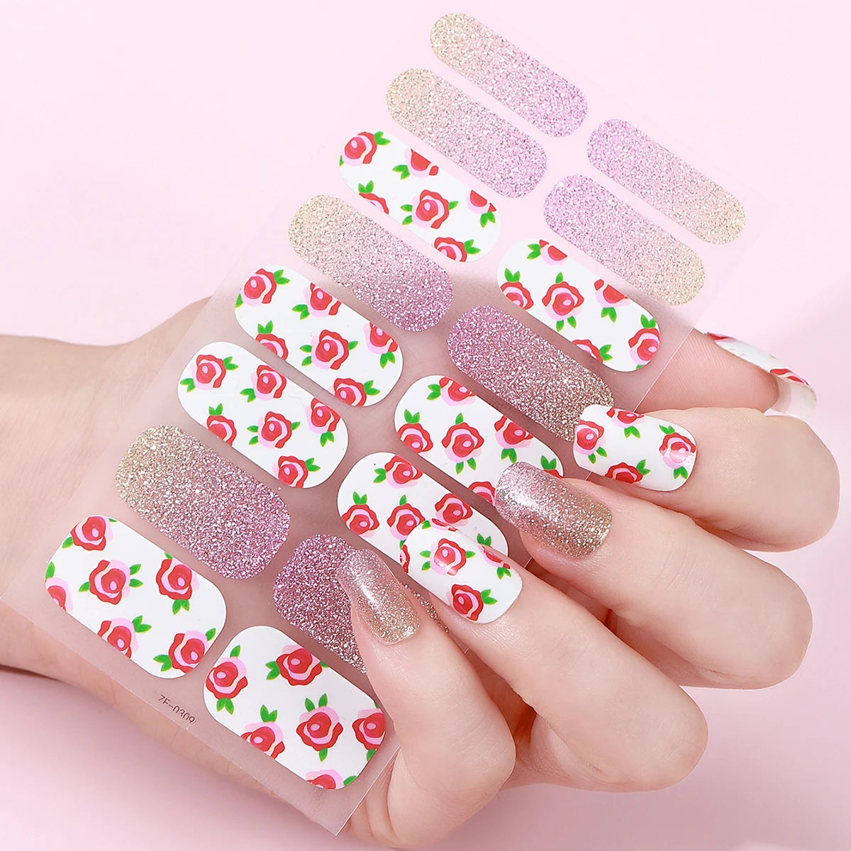 16tips DIY Baking-Free Nail Stickers Spring Summer Flowers Adhesive Nail Strips Patch Slider Full Cover Nail Decoration Decal