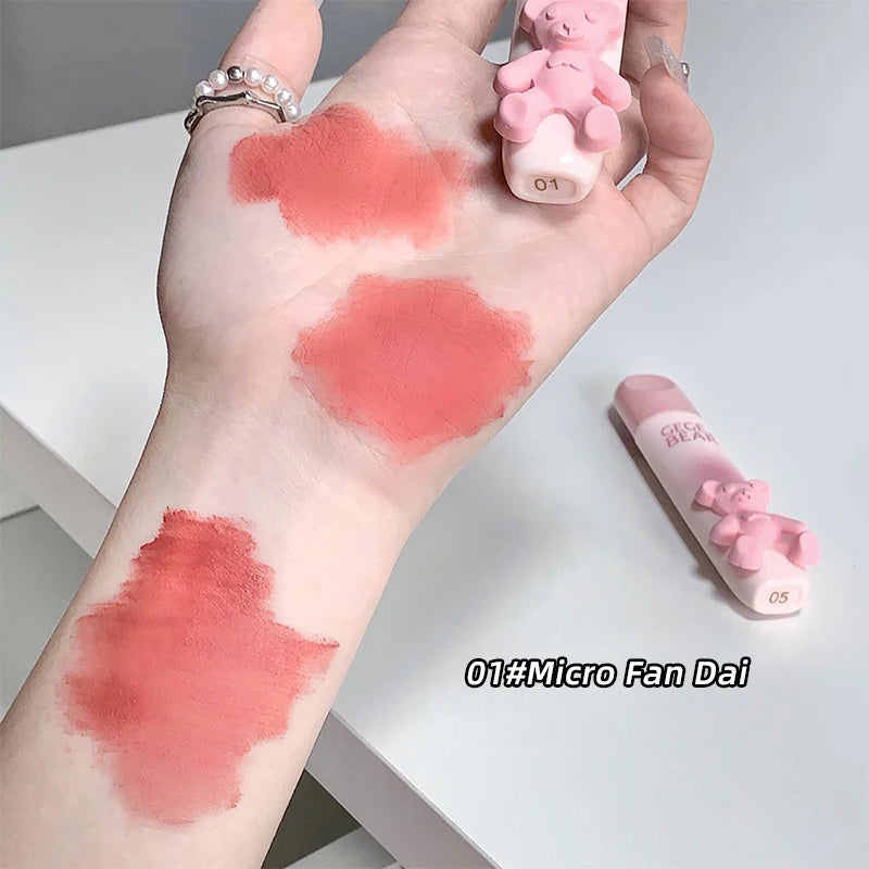 Cute Little Bear Lip Glaze Mist Face Matte Velvet Lipstick Holding Makeup Whitening Lip Cream Coloring Lip Color