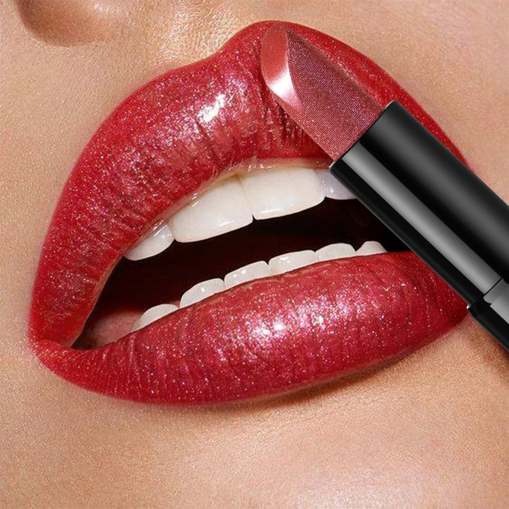 Metallic Shimmer Lipstick, Pearly Glitter Shine, Creamy Texture, High Color Payoff, Smooth Application Party Makeup