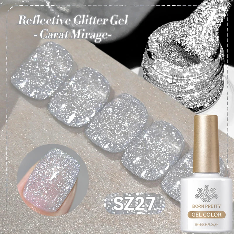 BORN PRETTY 10ml Sliver Carat Mirage Reflective Glitter Gel Nail Polish Sparkling Ultra Shine Soak Off UV Nail Art Gel Varnish