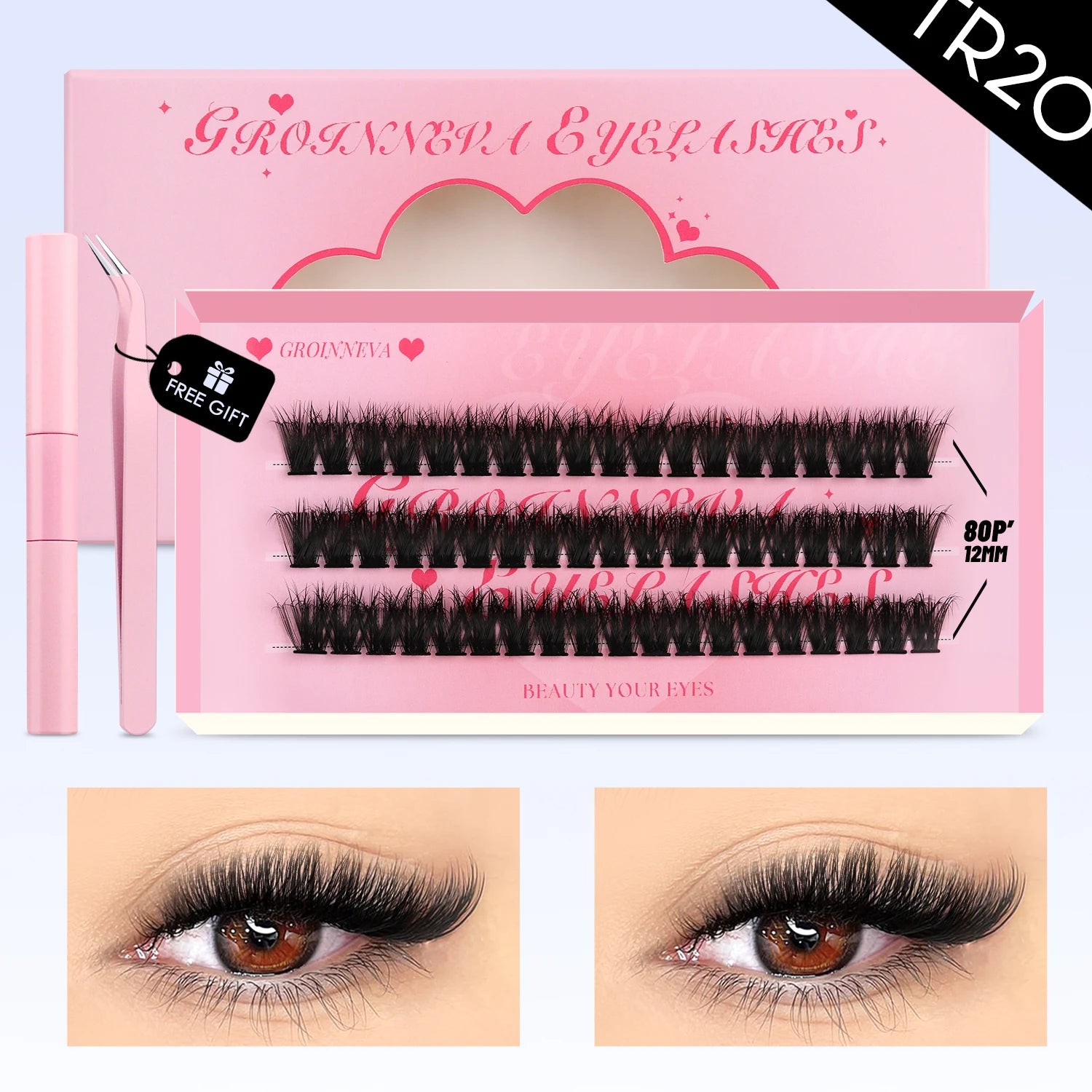 GROINNEYA DIY Eyelash Extension Kit Lashes Clusters Set Mix Eyelashes Full Set With Lash Bond&Seal and Eyelash Tweezers Makeup