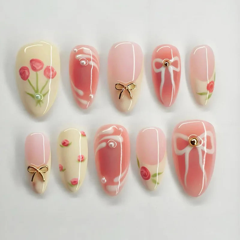 24pcs Sweet False Nail Patches Detachable Fake Nail Tips With Bowknots Love Heart Pearl Design Pink Almond Korean Press On Nail