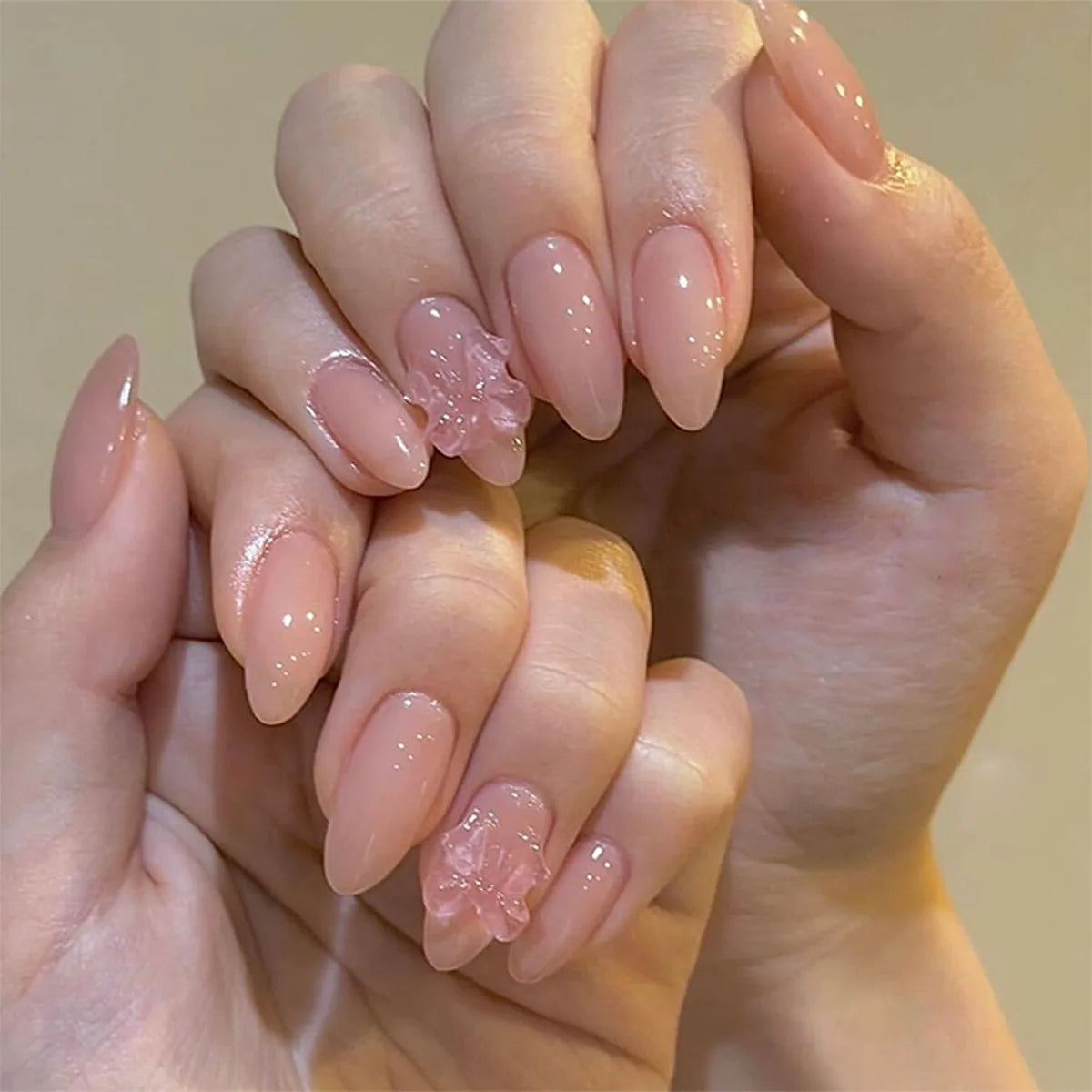 24Pcs Short Oval Head Blush Pink Press on Nails with Simple Designs Almond Nails Wearable Acrylic Full Cover Nail Tips with Glue